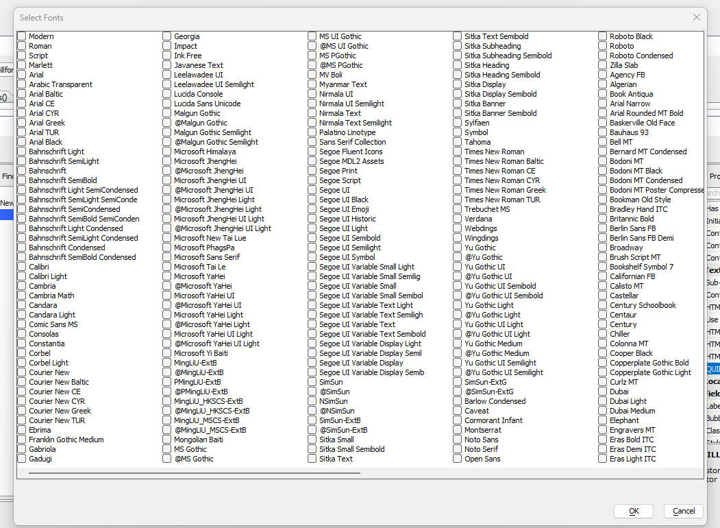 Dialog to select available fonts